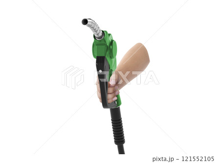 Hands holding Fuel green nozzle with hose isolated on white background Hands holding Fuel green nozzle with hose isolated on white background 121552105