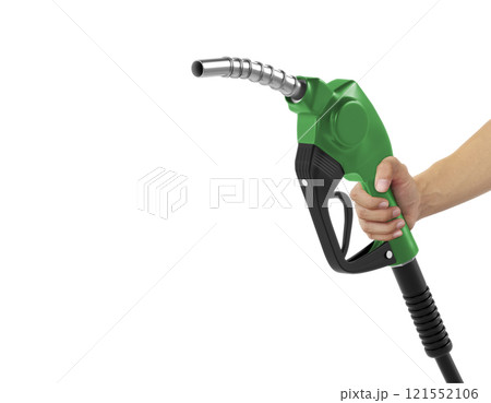 Hands holding Fuel green nozzle with hose isolated on white background Hands holding Fuel green nozzle with hose isolated on white background 121552106