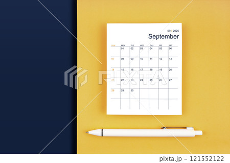 September 2025 calendar card for 2025 year on blue and yellow background. September 2025 calendar card for 2025 year on blue and yellow background. 121552122