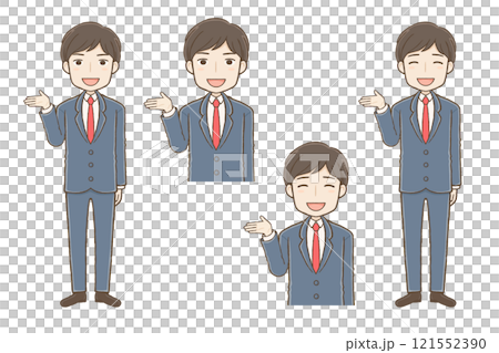 右手を上げて案内するスーツ男性 121552390