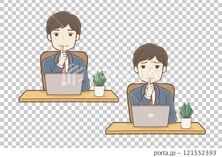 パソコン前で「お静かに」のポーズをするスーツ男性 121552393