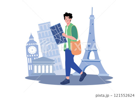 A man walking to explore places in the city A man walking to explore places in the city 121552624