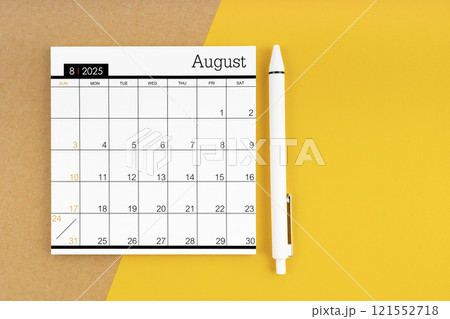 August 2025 Monthly calendar for 2025 year with pen on yellow. 121552718