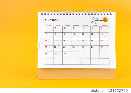 September 2025, Monthly desk calendar for 2025 year on yellow background. 121552799