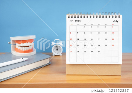 July monthly desk calendar for 2025 year and model dentures on the table. 121552837