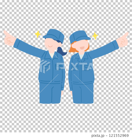 A flat illustration of two women in work clothes looking in different directions and pointing diagonally upwards 121552969