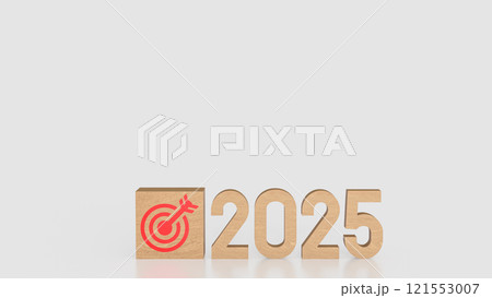 The Target icon on wood cube and 2025 Number for Business concept 3d rendering. 121553007
