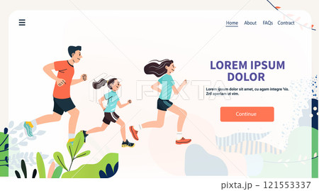 Family running together outdoors active lifestyle colorful plants background website template Family running together outdoors active lifestyle colorful plants background website template 121553337