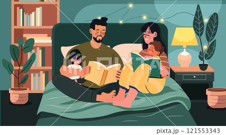 Family reading bedtime stories together cozy bedroom colorful bookshelves plants warm lighting Family reading bedtime stories together cozy bedroom colorful bookshelves plants warm lighting 121553343