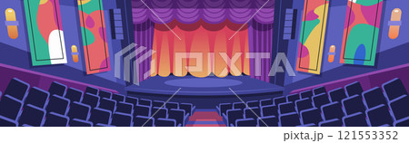 Theater stage empty auditorium colorful abstract decor vibrant curtains seats interior design performance space 121553352