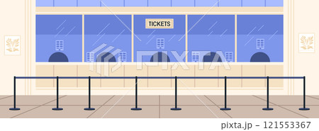 Ticket booth scene empty queue barriers blue windows Ticket booth scene empty queue barriers blue windows 121553367