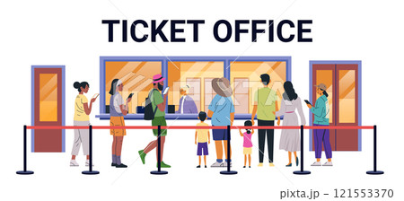 People standing in line at ticket office buying cinema or theatre tickets diverse group of individuals waiting at counter colorful background flat design People standing in line at ticket office buying cinema or theatre tickets diverse group of individuals waiting at counter colorful background flat design 121553370