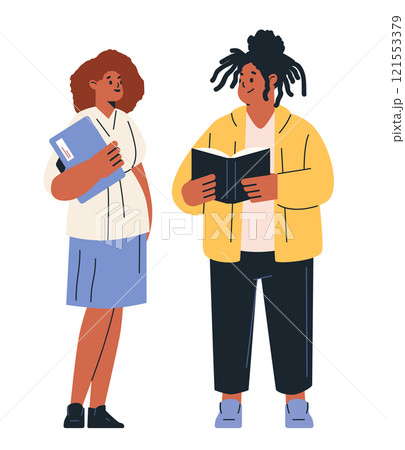 Students discussing study material educational concept Two people standing one holding a folder and the other reading a book colorful minimalist design 121553379