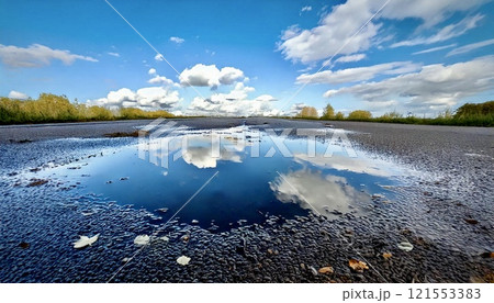 雨上がり・青空が反射した水溜り 121553383