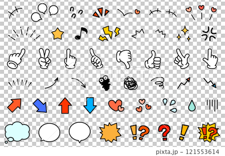 Sticker-style simple cartoon emotional expression vector illustration material set Arrows Hand signs Speech bubbles Question mark 121553614