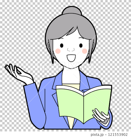 A woman holding a book and explaining 121553902