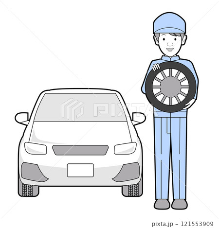 タイヤ持つ整備士と車 タイヤ持つ整備士と車 121553909