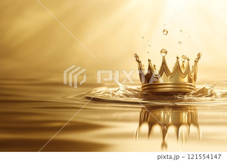 A gold crown hovers gracefully above a pool of water, its reflection shimmering below 121554147