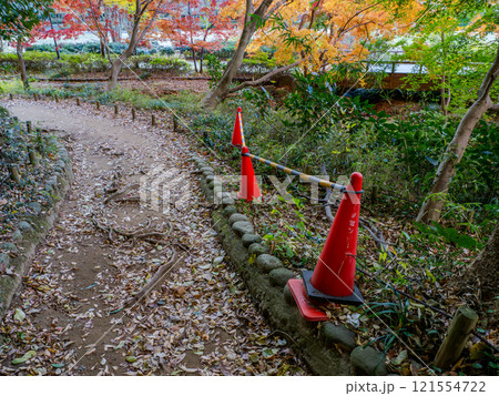 天候等の理由で発生する公園内の危険箇所に設置された立入禁止柵 121554722