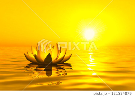 A radiant golden lotus flower floats gracefully on the water, symbolizing purity and beauty A radiant golden lotus flower floats gracefully on the water, symbolizing purity and beauty 121554879