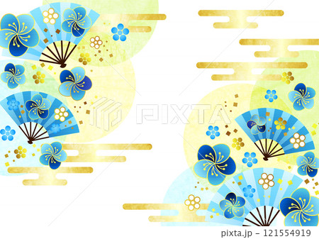 扇と文様花の和背景、青、横、イラスト、かわいい 121554919