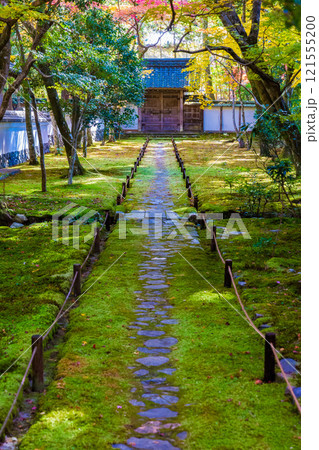 京都の苔寺、西芳寺の紅葉の日本庭園 121555200
