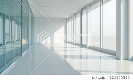 Modern open office space with large windows and glass partitions, clean white floors, natural light, spacious and minimalist design, ideal for work or creativity 121555596