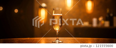 Sparkling champagne glass on wooden table in warm ambient light, perfect for celebrations, parties, and elegant events, with bubbles rising in golden drink 121555600