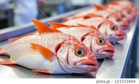 Fresh red fish lined up on metal table with focus on heads for seafood industry or culinary purposes Fresh red fish lined up on metal table with focus on heads for seafood industry or culinary purposes 121555604