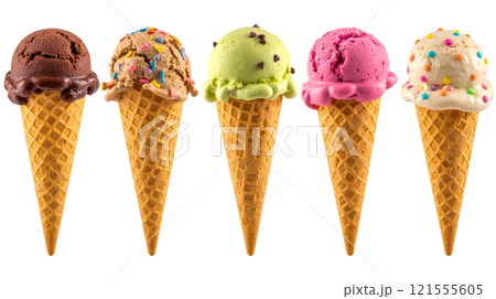 Bright image of five ice cream cones featuring chocolate, lemon, mint, strawberry, and vanilla scoops with sprinkles, all arranged in row against clean white background. Bright image of five ice cream cones featuring chocolate, lemon, mint, strawberry, and vanilla scoops with sprinkles, all arranged in row against clean white background. 121555605