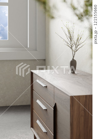 Warm beige tones. Harmony of natural shadows from sunlight streaming through the window. 3D rendering. 121555660