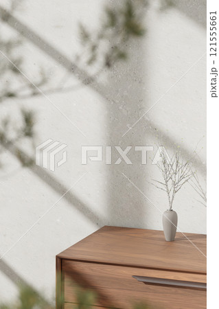 Warm beige tones. Harmony of natural shadows from sunlight streaming through the window. 3D rendering. 121555661