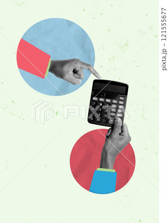 Creative Collage of Hands Using Calculator on Colorful Geometric Background for Business and Finance Concepts Creative Collage of Hands Using Calculator on Colorful Geometric Background for Business and Finance Concepts 121555677