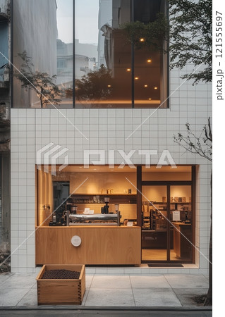 A small cafe with a wooden counter and a window 121555697
