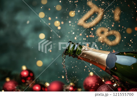 A bottle of champagne is opened and the cork is falling out 121555700