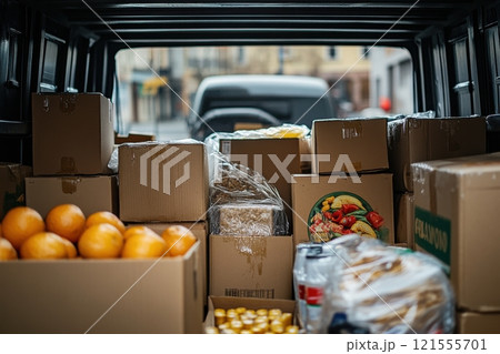 Food donation drive urban community boxed goods charitable environment street view community support 121555701