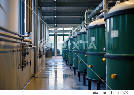 A row of green tanks with yellow and black labels 121555703