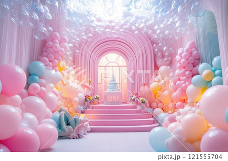 Elegant birthday celebration setup with pink balloons and cake indoor venue event decor festive atmosphere eye-level view joyful concept 121555704