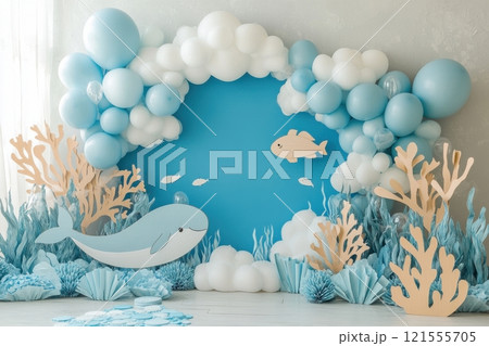 Whimsical underwater theme party decorations indoor space event setup bright colors creative design fun atmosphere 121555705