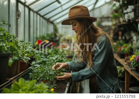 Gardening action by a woman in a greenhouse nature content indoor environment close-up viewpoint for sustainable living 121555708