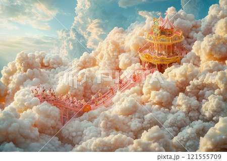 A pink and yellow castle is built on top of a cloud 121555709