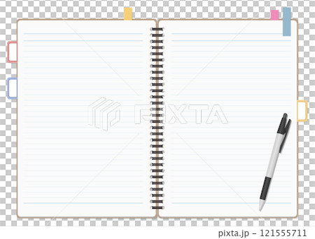 A simple lined notebook and sticky notes, a ballpoint pen set, a ring notebook, a double page spread A simple lined notebook and sticky notes, a ballpoint pen set, a ring notebook, a double page spread 121555711