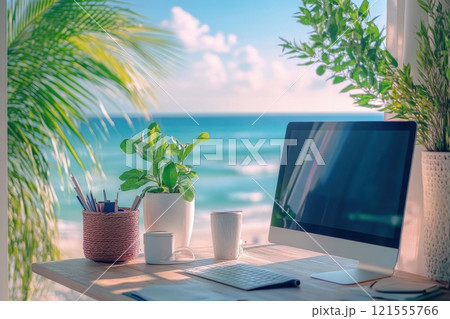 Coastal workstation setup beachside home office digital workspace tropical paradise serene view productivity escape 121555766