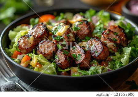 Savory grilled sausage salad recipe backyard food photography cozy setting close-up culinary delight for food lovers 121555900