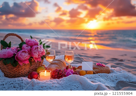 Romantic beach picnic at sunset tropical shoreline food and drink setup relaxing atmosphere scenic view love and celebration 121555904