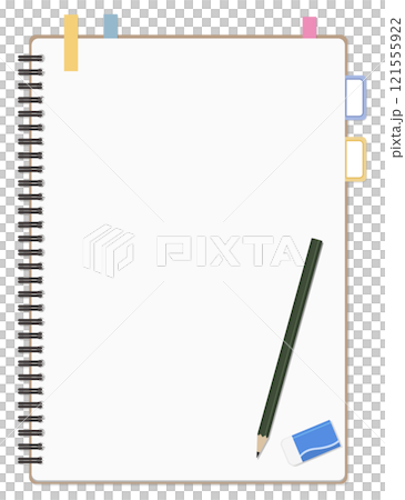 簡單的普通筆記本和便利貼、鉛筆和橡皮套裝、環形筆記本 121555922