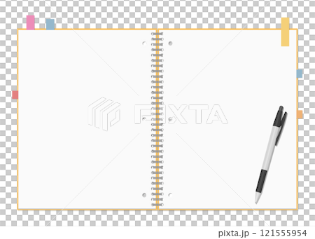 A simple blank notebook and sticky notes, a ballpoint pen set, a ring notebook, a double page spread 121555954