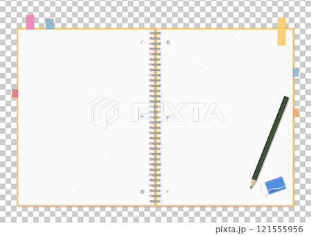 簡單的普通筆記本和便利貼、鉛筆和橡皮套裝、環形筆記本、展開 121555956