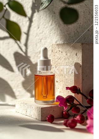 A bottle of perfume is sitting on a white pedestal A bottle of perfume is sitting on a white pedestal 121556033