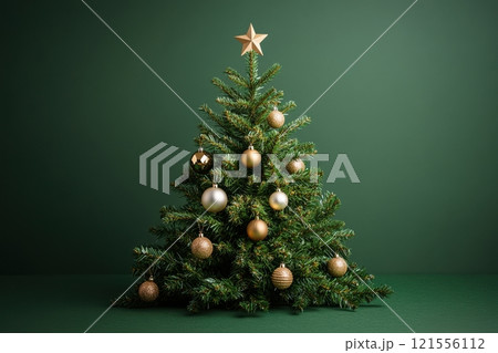 A Christmas tree with gold ornaments and a star on top A Christmas tree with gold ornaments and a star on top 121556112